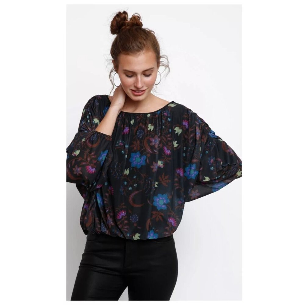 !! Free People Black Wildflower Honey Floral Long Sleeve Lined Mesh Top - Picture 1 of 8